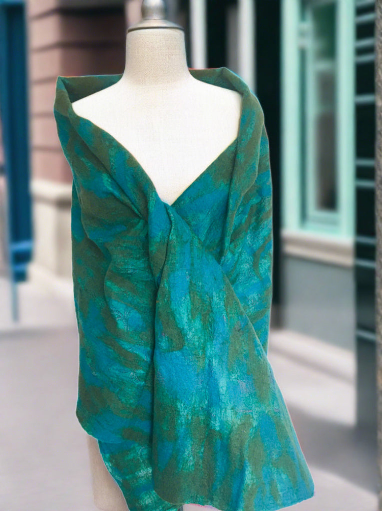 Turquoise-Green Nuno Felted Wool-Sari Silk "Shawl-Stole"|One-of-a-Kind Wearable Art