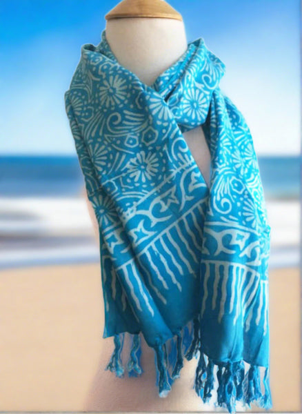 Handmade Batik Rayon Fringe Scarf - Turquoise
