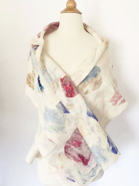 Winter White Nuno Felted Merino Wool-Sari Silk "Shawl-Stole"|One-of-a-Kind Wearable Art