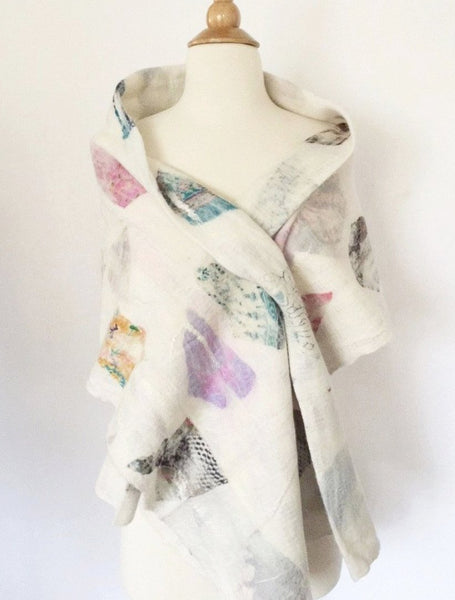 Winter White Nuno Felted Merino Wool-Sari Silk "Shawl-Stole"|One-of-a-Kind Wearable Art