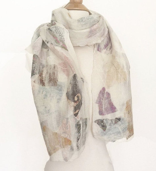 Winter White Felted Wool-Silk Collage Scarf - One-of-a-Kind - 
 - 1