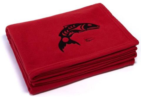 Debra Sparrow© "Salmon" Embroideredd on Red Fleece Throw Blanket