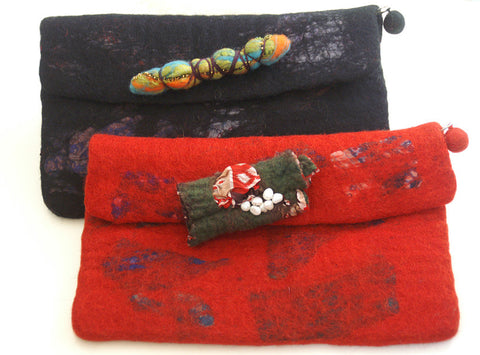 Nuno Felted Wool Silk Sari Collage Clutch Bags One-Of-A-Kind Handmade - 
