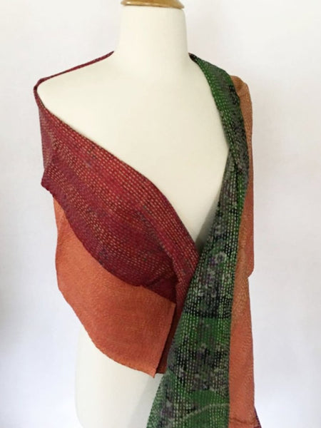 Kantha Silk Reversible Scarf-Stole  - Red/Orange/Green