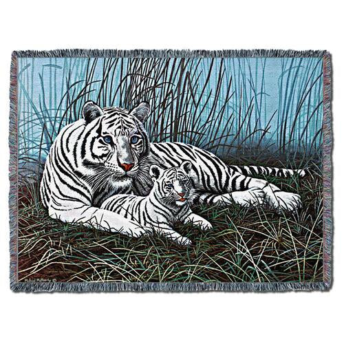 White Tiger In The Mist Woven Cotton Throw Blanket by Michael Matherly©