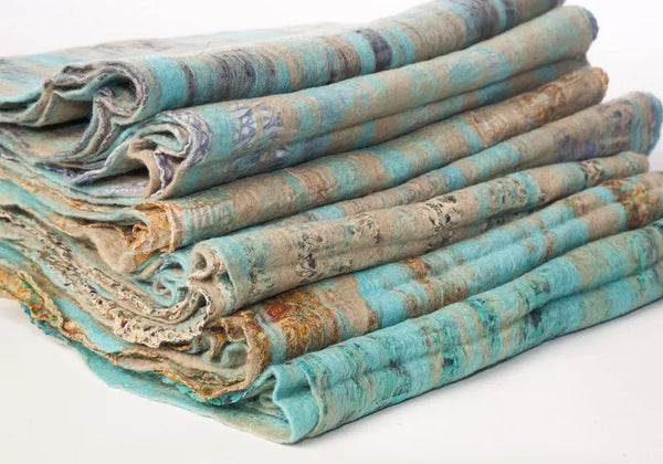 Turquoise-Sand Nuno Felted Merino Wool-Silk Sari Scarf - One-of-a-Kind Wearable Art