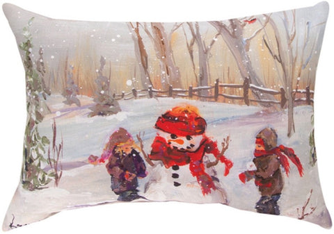 Snowman With Two Children Indoor/Outdoor Rectangle Pillow by Rozanne Priebe©
