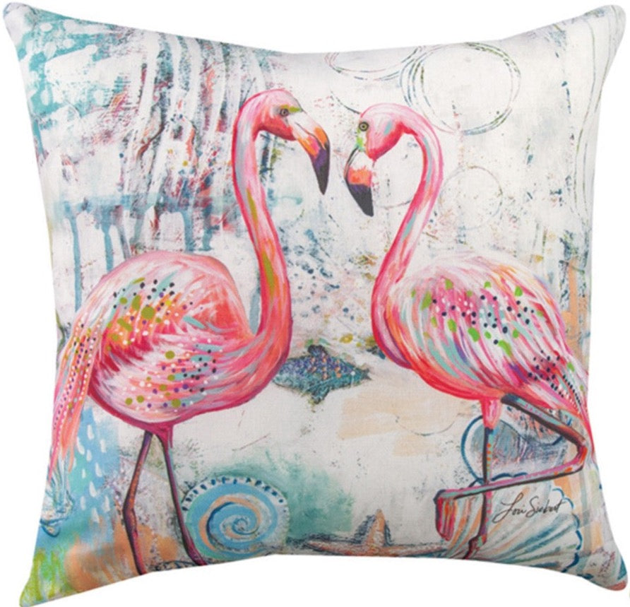 Jewels Of The Sea Flamingos Indoor-Outdoor Reversible Pillow by Lori Siebert©