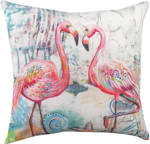 Jewels Of The Sea Flamingos Indoor-Outdoor Reversible Pillow by Lori Siebert©