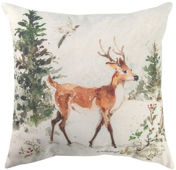 Snowy Forest Moose/Deer Indoor-Outdoor Reversible Pillow by Susan Winget©