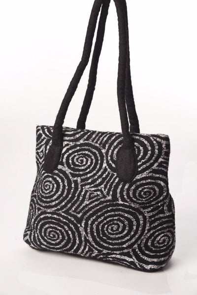 Felted Wool/Cotton Pop Art Shoulder Bag - Black Swirls One-of-a-Kind - 
 - 1