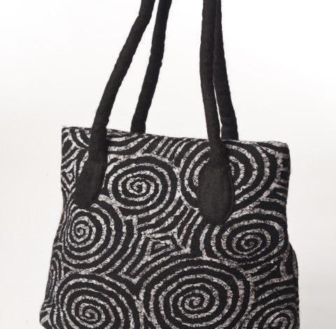 Felted Wool/Cotton Pop Art Shoulder Bag - Black Swirls One-of-a-Kind - 
 - 3