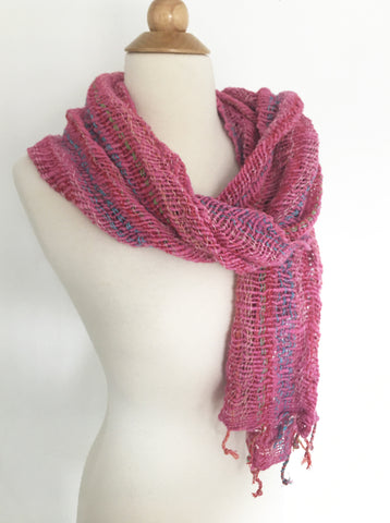 Handwoven Open Weave Cotton Scarf - Multicolor Pink-Turquoise