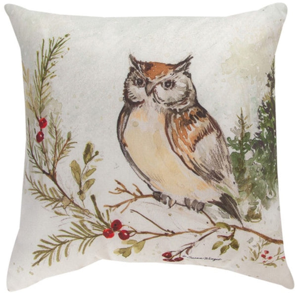 Snowy Forest Owl/Cardinal Indoor-Outdoor Reversible Pillow by Susan Winget©