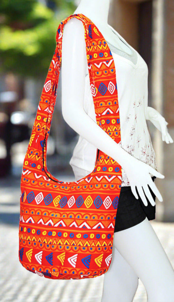 Thai Boho Sling Bag - Geometric Orange - 
