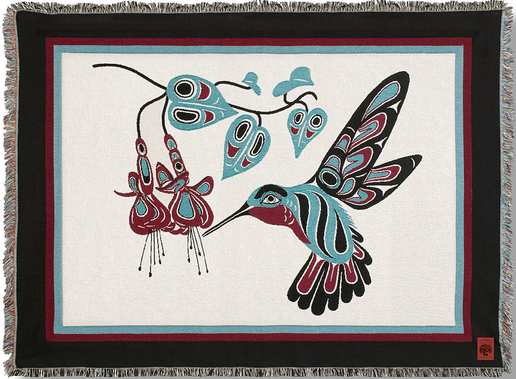Israel Shotridge© "Hummingbird & Fuchsia" NW Native Art Tapestry Cotton Throw Blanket