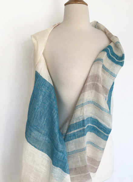 Linen Striped Stole - Turquoise/Ivory/Tan